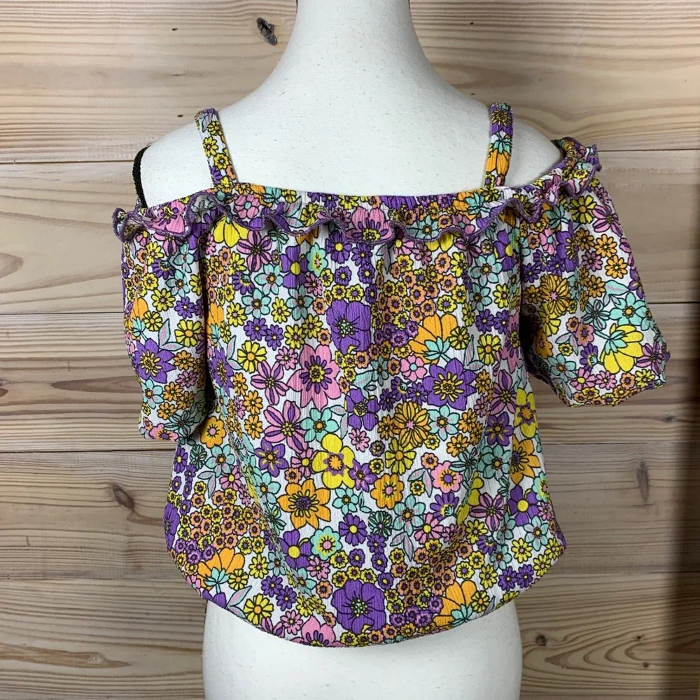 DeFacto Blouse Girl 13-14Y Flower Power Floral Cold Shoulder Crinkle Puff Sleeve